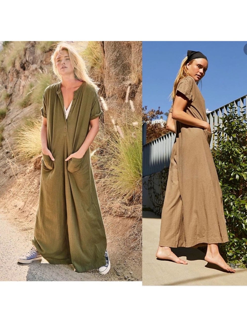 Free People FP Beach My Go To Jumper wideleg Jumpsuit olive green sz small
